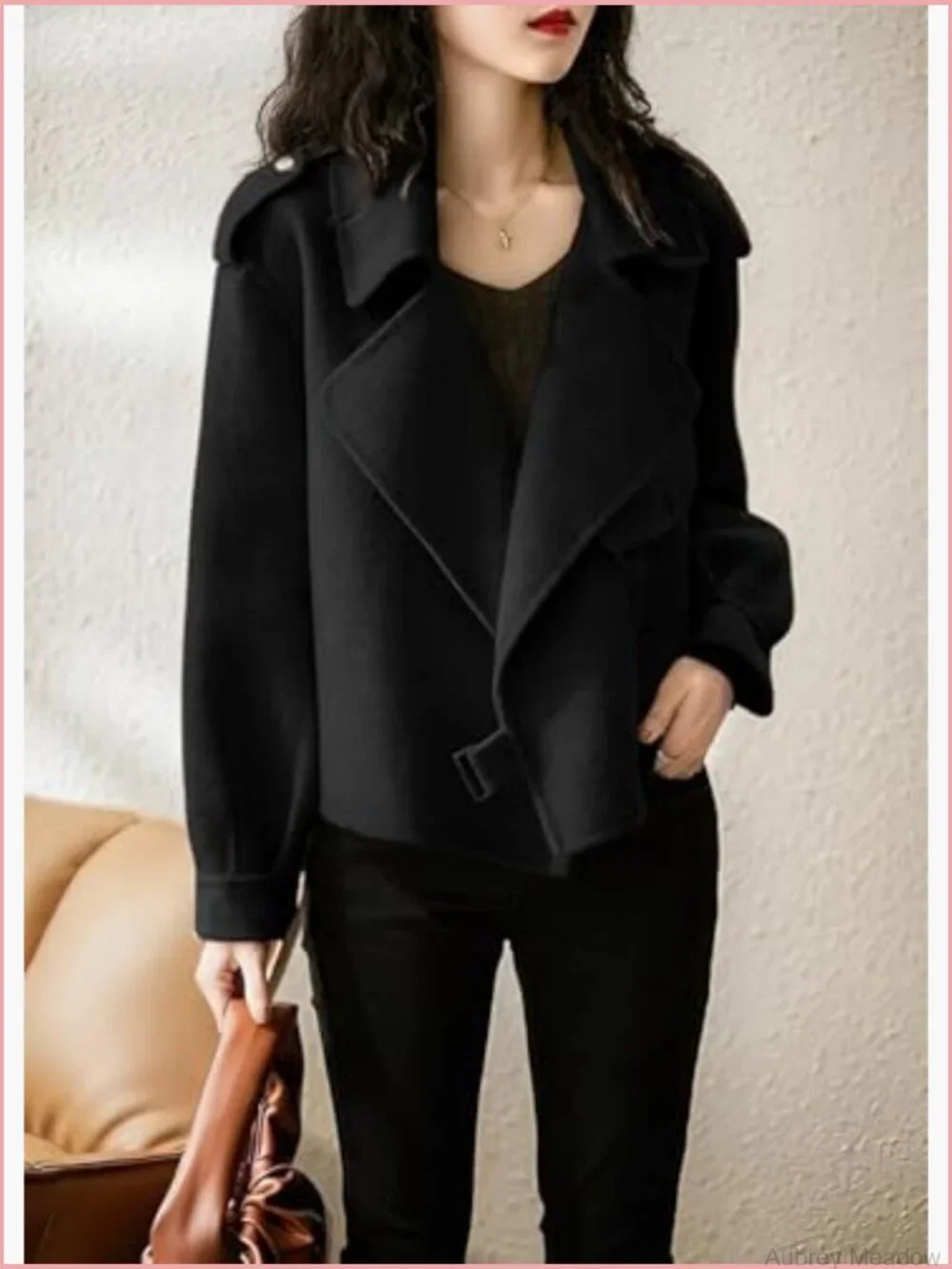 Cropped Wool Coat Open Front Blazer Jacket Short Trench Notch Lapel Loose